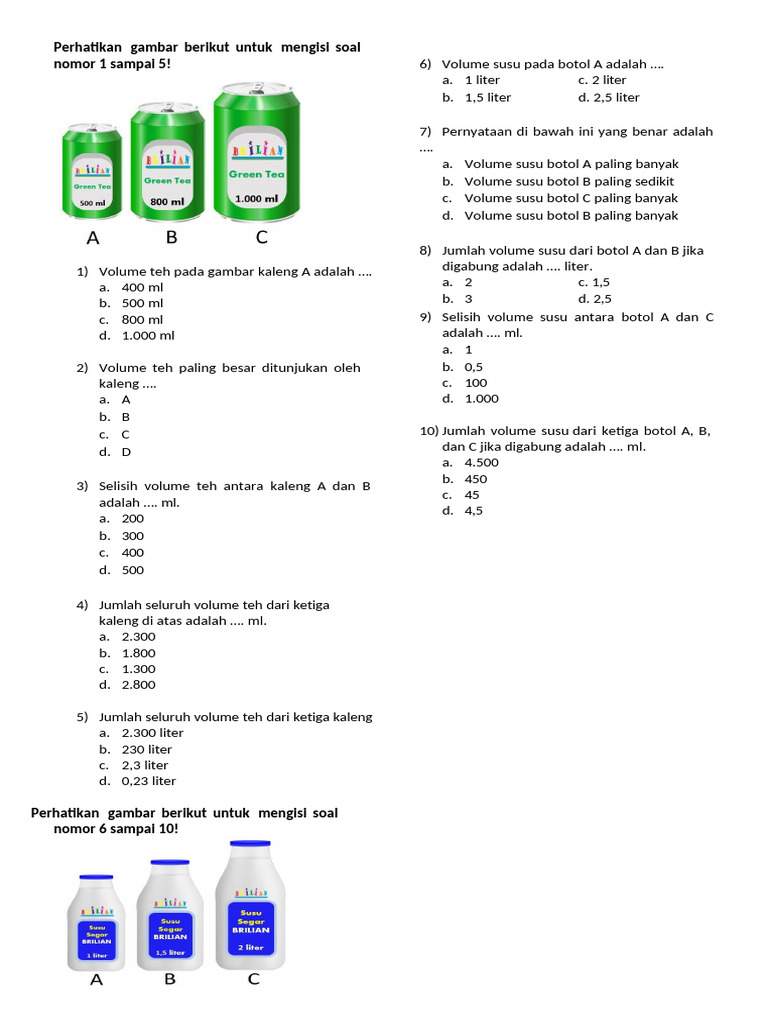 Soal Matematika Kelas 4 SD Bab Volume Liter Dan Mililiter | PDF