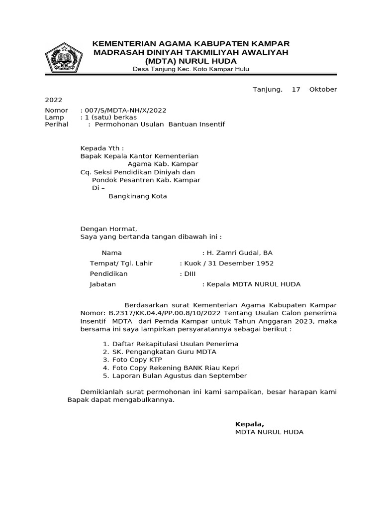 Contoh Permohonan Insentif 2023 | PDF