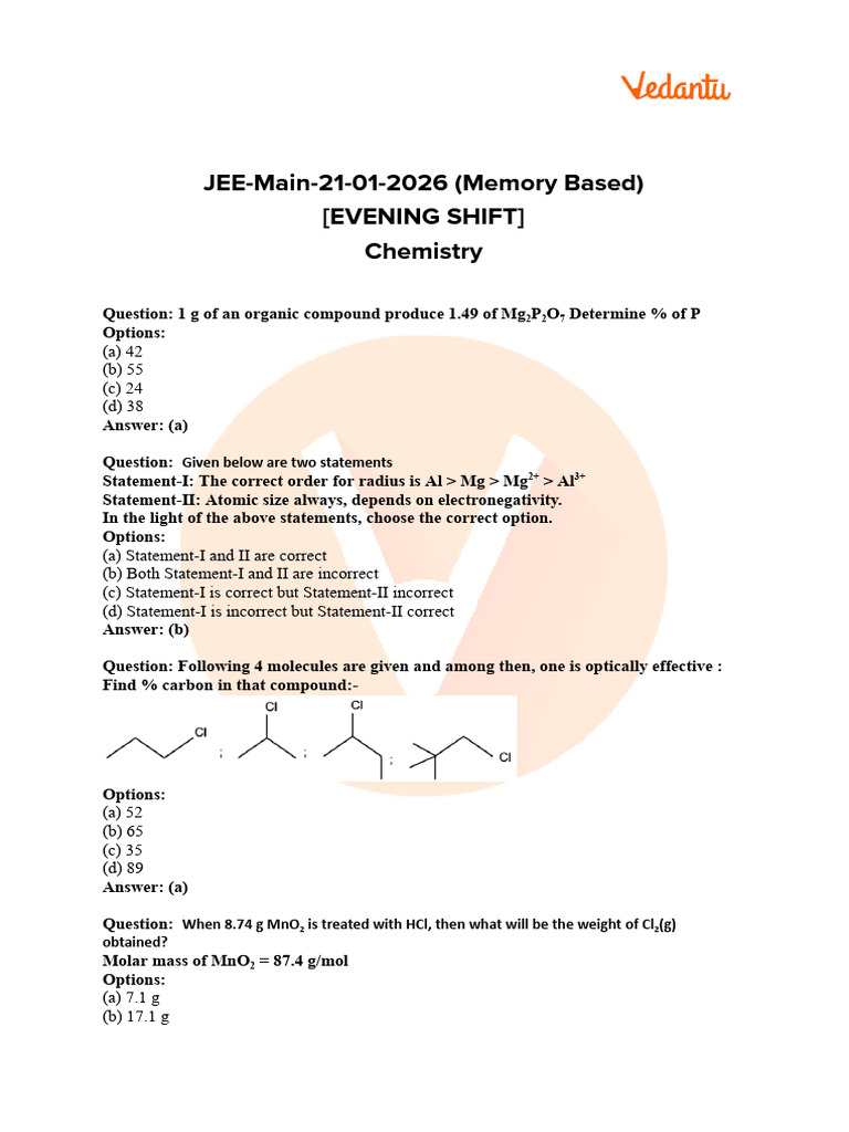 JEE Mains 2026 21 Jan Shift 2 Paper Analysis for Chemistry _ FREE PDF ...