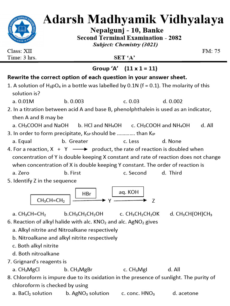 Chemistry Xii Set A PDF | PDF | Chemical Reactions | Acid