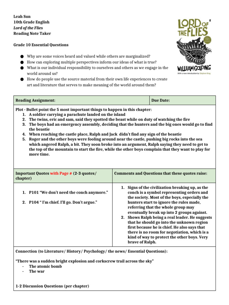 LOTF Ch6 - Reading Note Taker | PDF