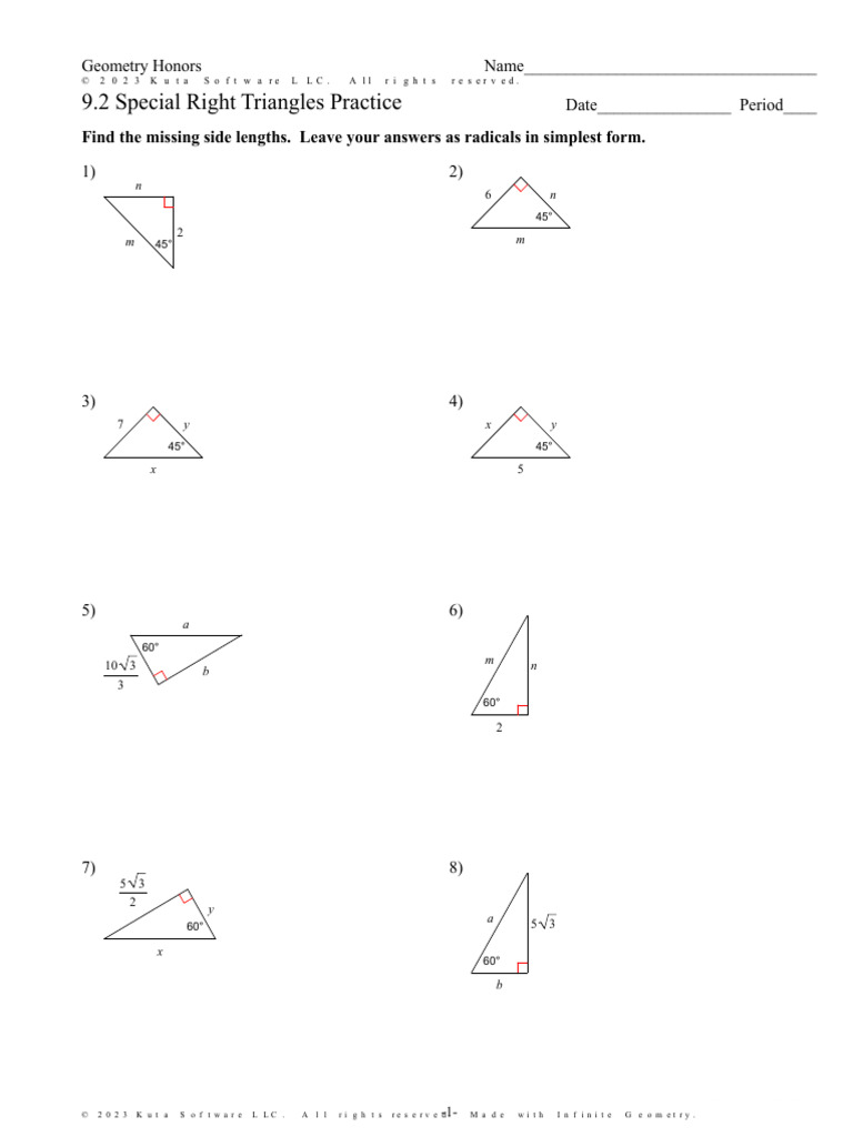 Geometry H 9.2 Special Right Triangles Practice | PDF | Classical ...