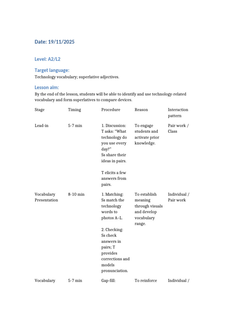 Lesson Plan A2-L2 19-11 | PDF | Vocabulary | Second Language