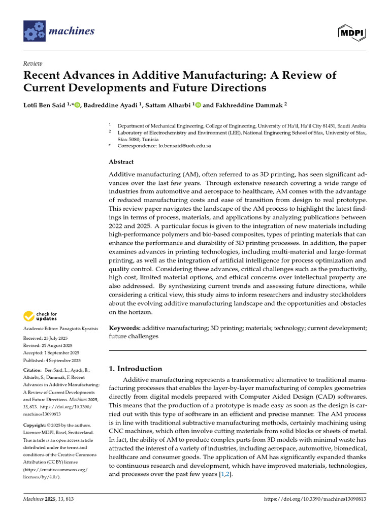 Recent Advances in Additive Manufacturing A Review of | PDF | 3 D ...
