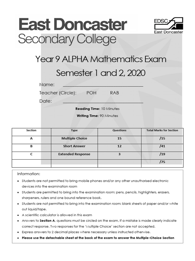 Year 9 ALPHA Mathematics Exam Semester 1 and 2, 2020 | PDF | Multiple ...
