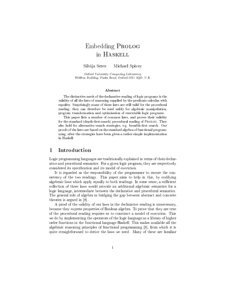 Embedding Prolog in Haskell (Seres, Spivey) | PDF | Functional ...