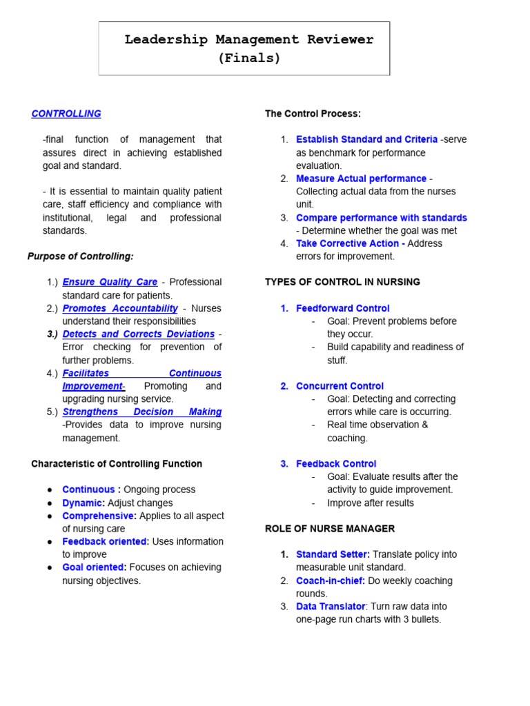CONTROLLING Leadership Reviewer-1 | PDF | Nursing | Business