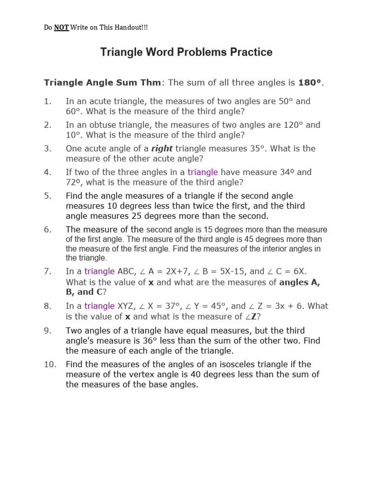 Triangle Word Problems Practice Questions | PDF