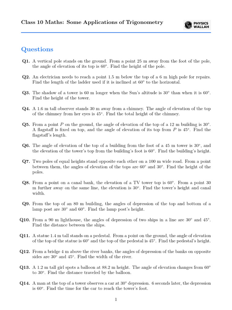 Some Applications of Trigonometry Question Practice Sheet by Ritik ...