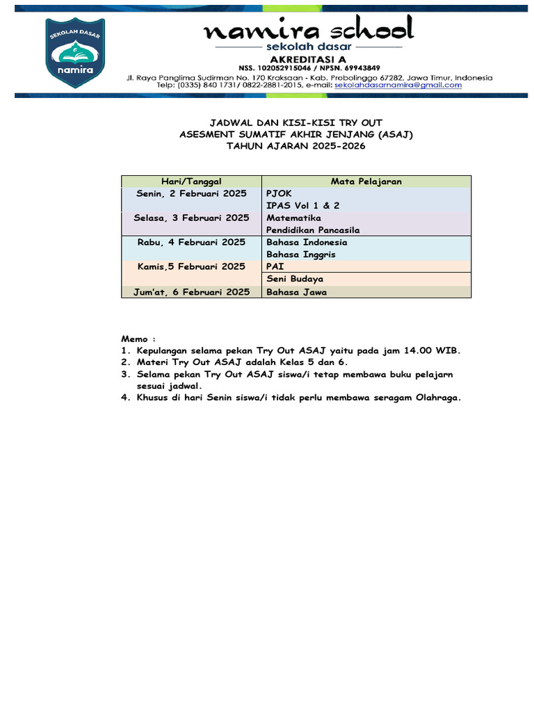 Kisi-Kisi Try Out ASAJ 2025-2026 | PDF