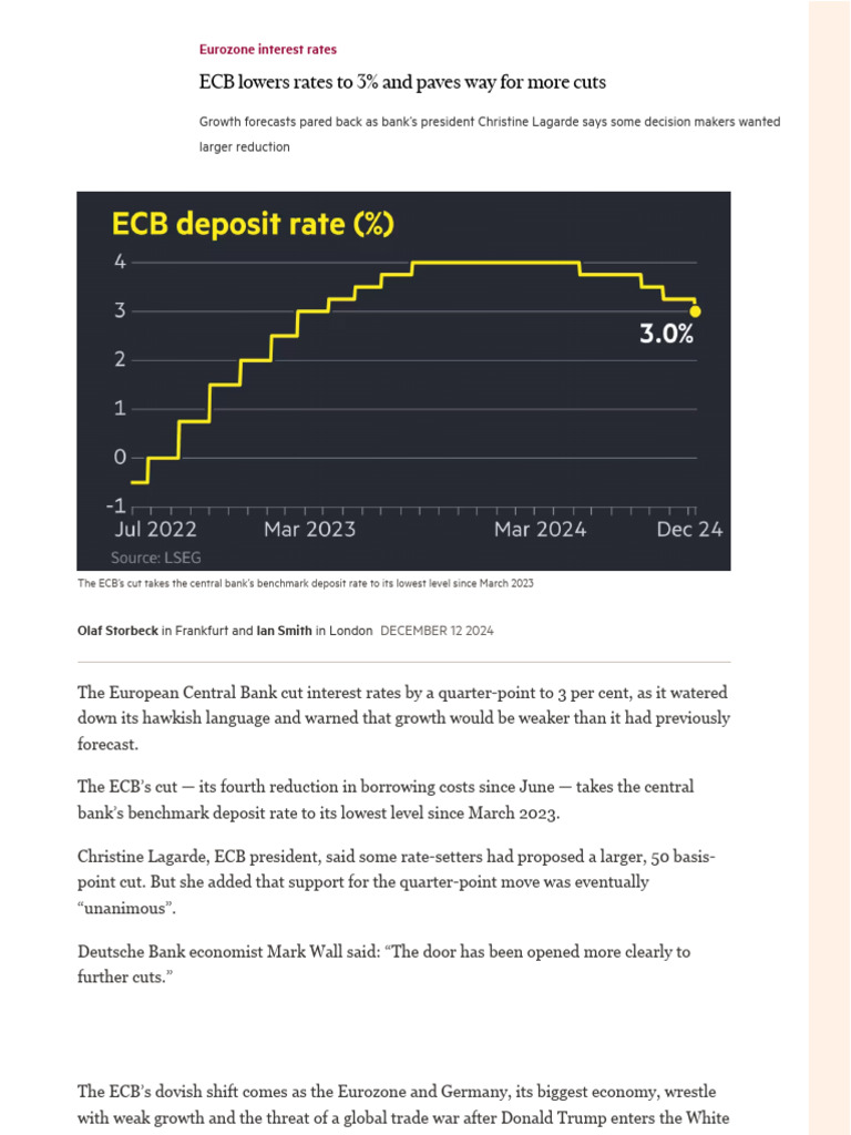 ECB Lowers Rates To 3% and Paves Way For More Cuts | PDF | European ...