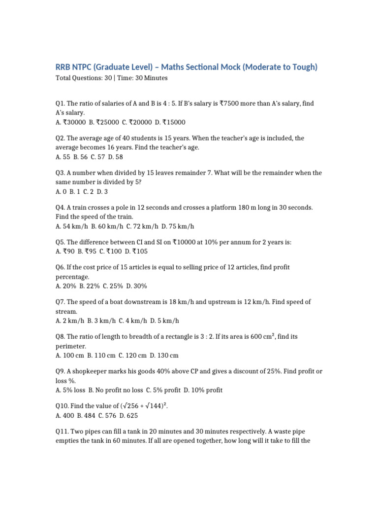RRB NTPC Maths Sectional Mock Tough | PDF | Elementary Geometry