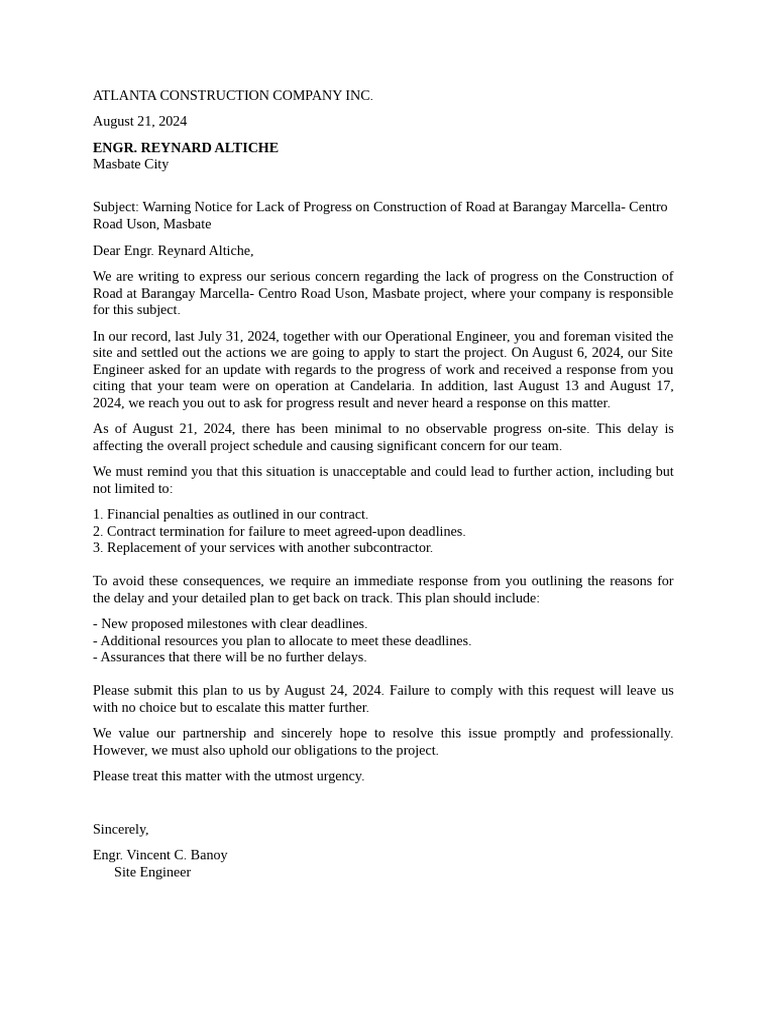 Lack of Progress Letter for Altiche | PDF