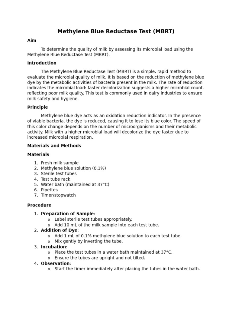 Methylene Blue Reductase Test | PDF | Microorganism | Milk