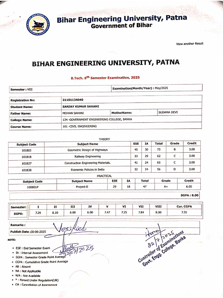 8th Sem Verify Marksheet | PDF