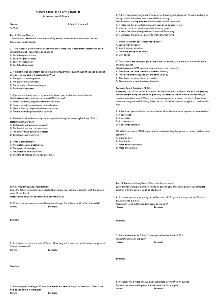 Summative Test 4th Quarter | PDF | Acceleration | Force