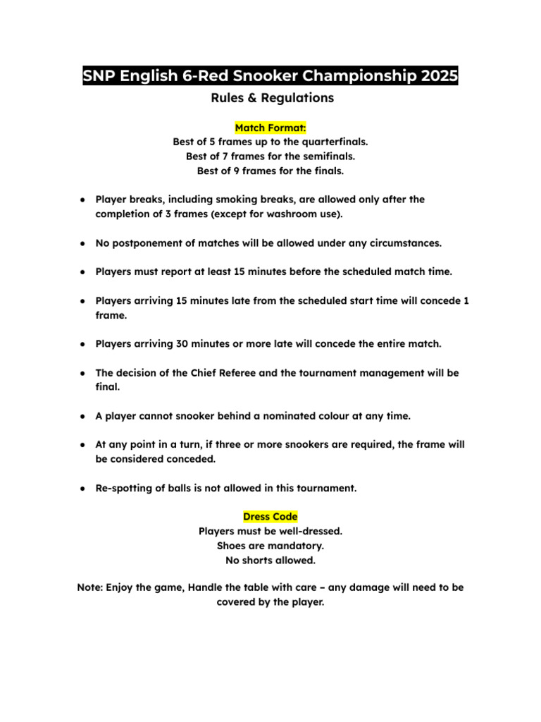 SNP 6-Red Snooker Championship Rules (2) | PDF