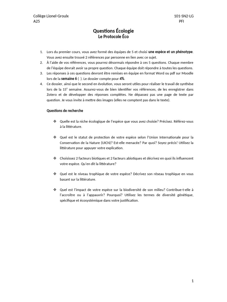 SN2 A25 PFI Questions Module Écologie | PDF