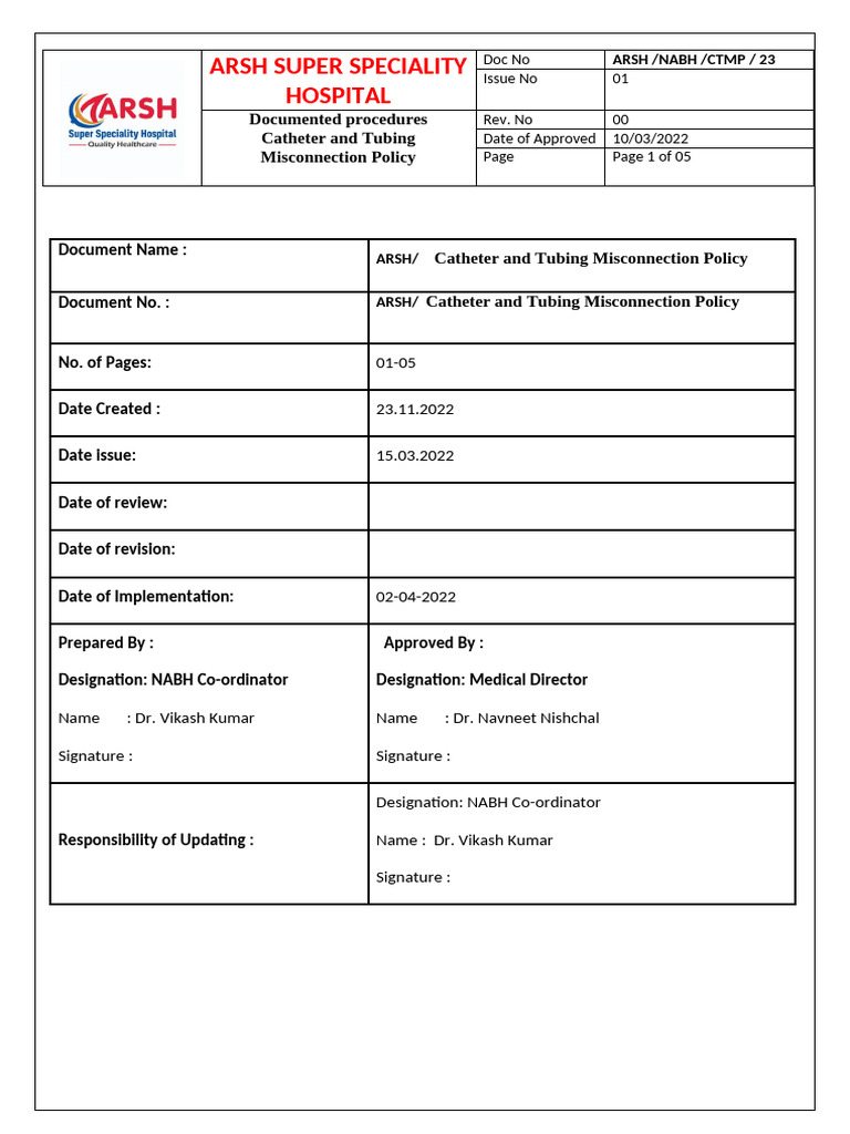 Catheter and Tubing Misconnection Policy | PDF | Food Safety | Infection