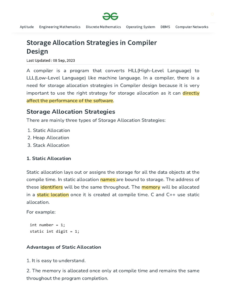 Storage Allocation Strategies in Compiler Design | PDF | Compiler ...