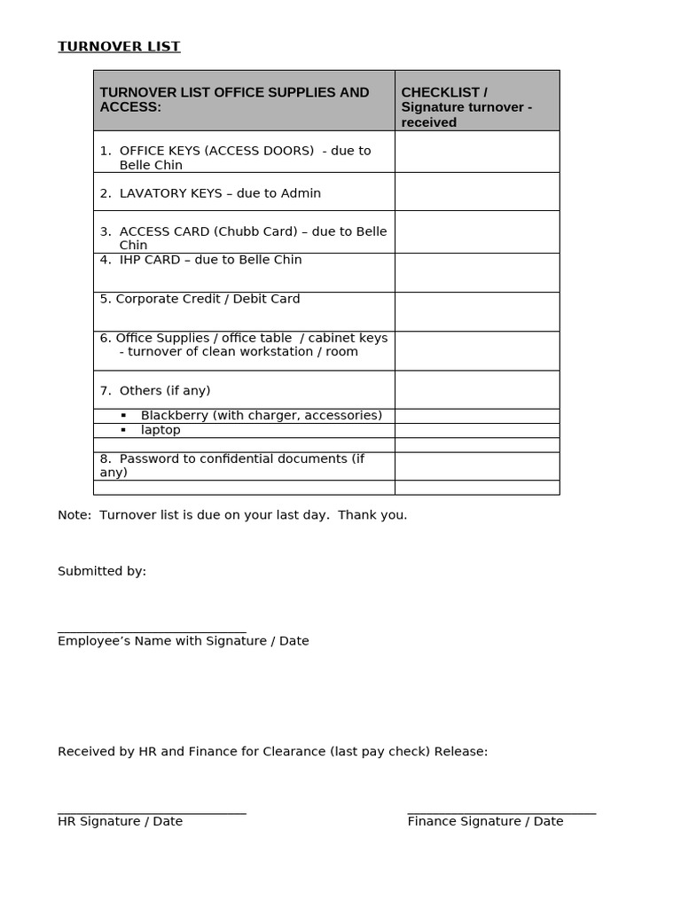 3 Turnover List (Template) 2021 | PDF