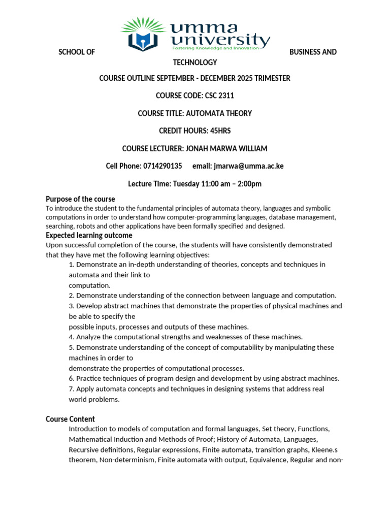 CSC 2311 Automata Theory Course Outline | PDF | Automata Theory ...