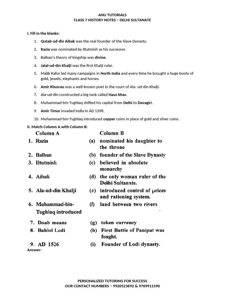ANU TUTORIALS CLASS 7 HISTORY NOTES - DELHI SULTANATE | PDF