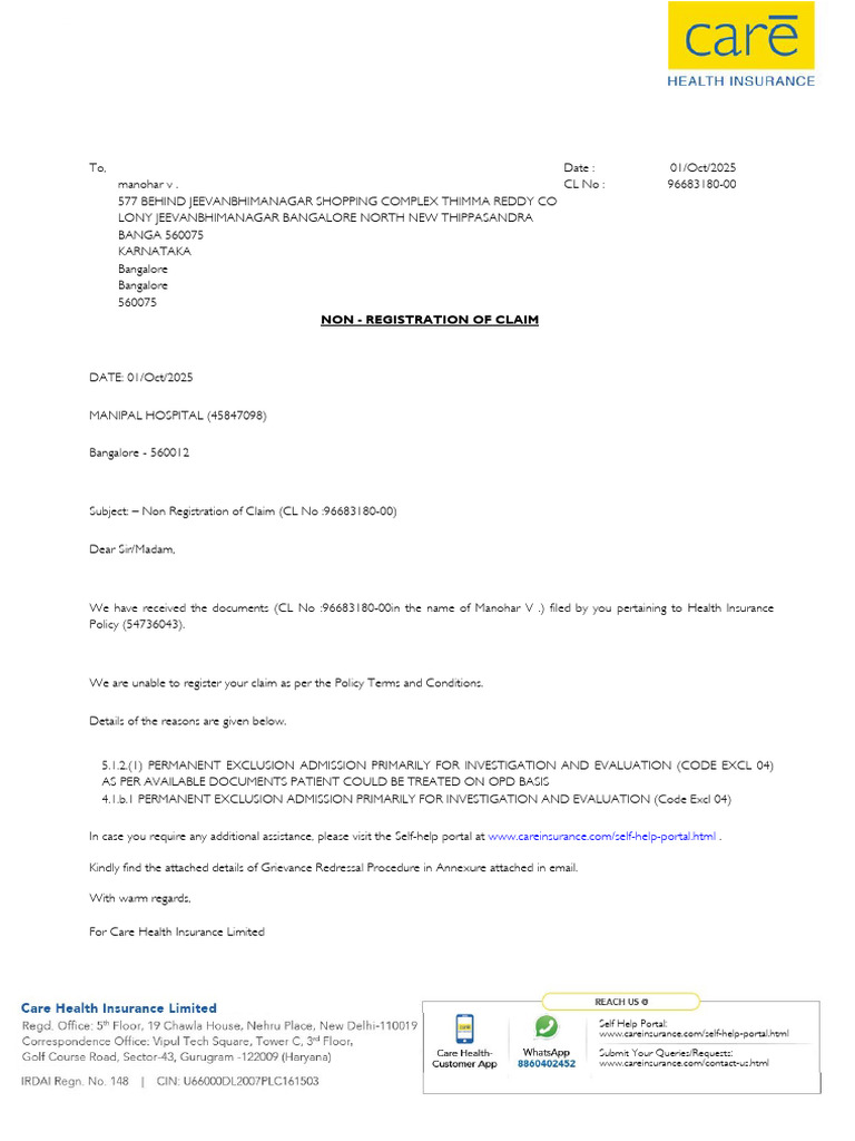 Claim Rejection Form | PDF