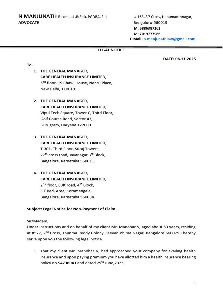 Legal Notice Care Insurance | PDF | Hospital