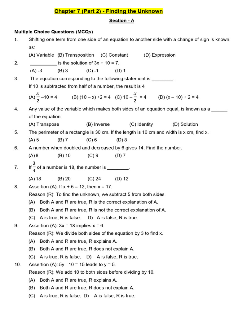 CH 7 - WS 1 - Finding The Unknown | PDF | Equations | Variable ...