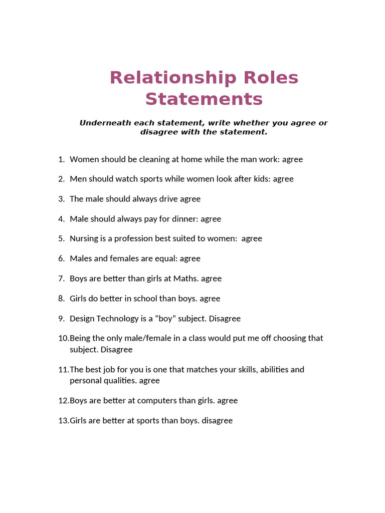 Relationship Roles Statements Year 8 Topic 3 | PDF