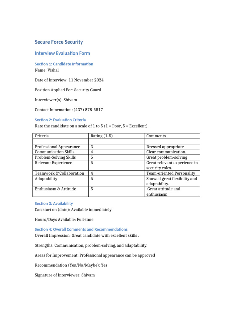 Vishal Security Guard Evaluation Form | PDF