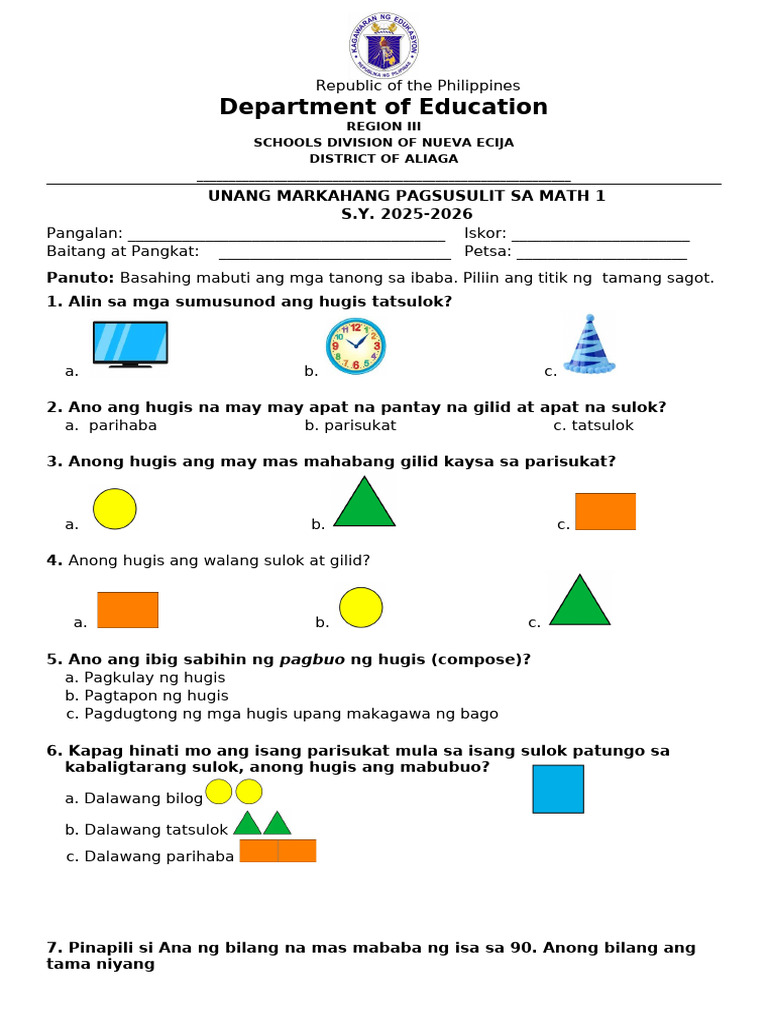 Math-Tagalog q1 Test & Answer Key | PDF
