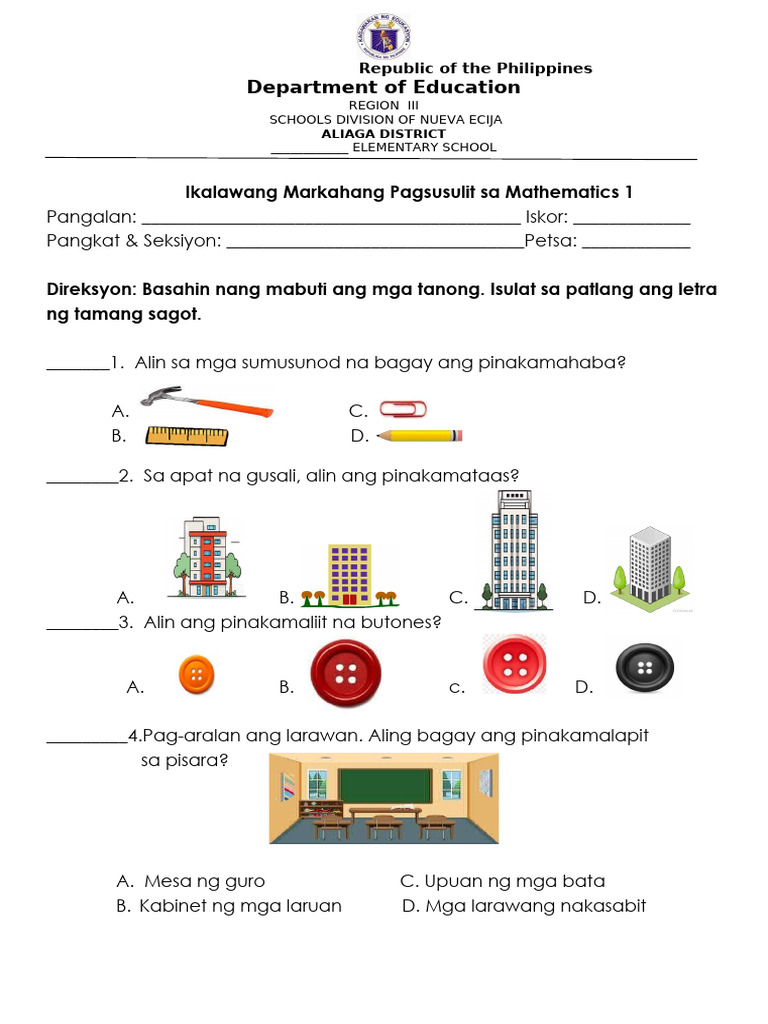 PT Grade 1 Matatag Math 1 Tagalog Version | PDF