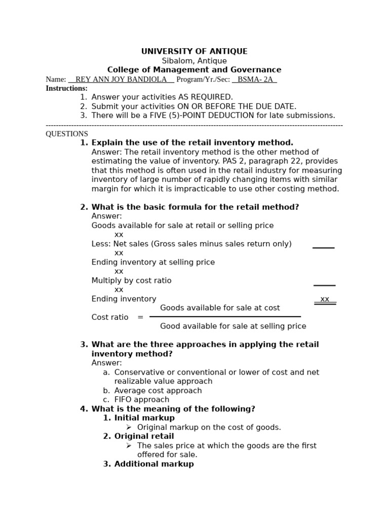 ACTIVITY 5 - Retail Inventory Method | PDF | Inventory | Cost Of Goods Sold