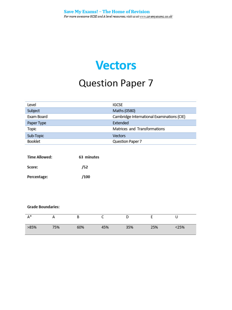 71.7 Vectors - Cie Igcse Maths 0580-Ext Theory-Qp | PDF | Career And ...