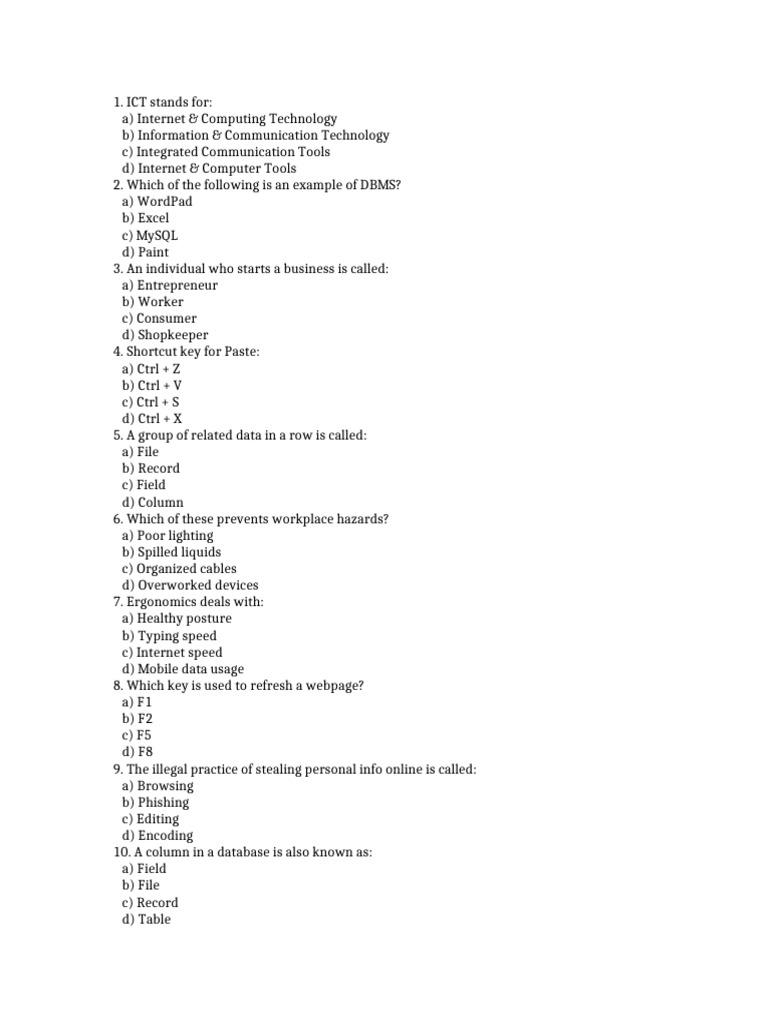 ICT Revision2 Final Question Paper | PDF | Databases | Information And ...