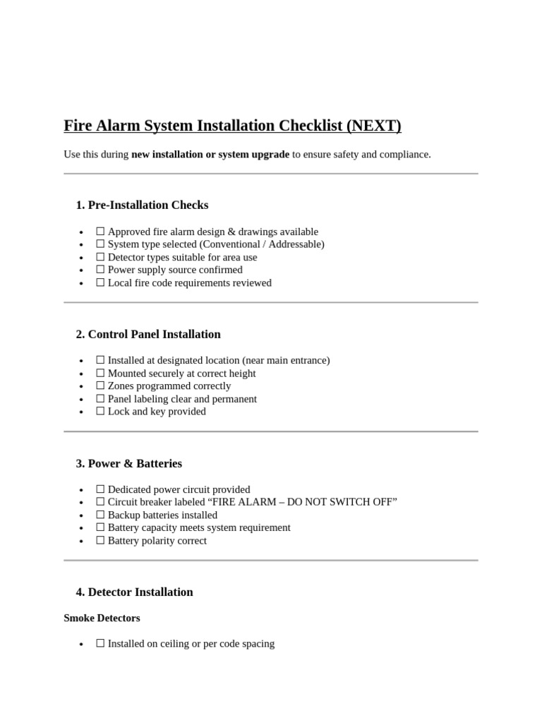 Fire Alarm System Installation Checklist (NEXT) | PDF | Electrical ...