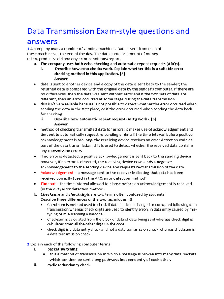 Data Transmission Questions and Answer | PDF | Error Detection And ...