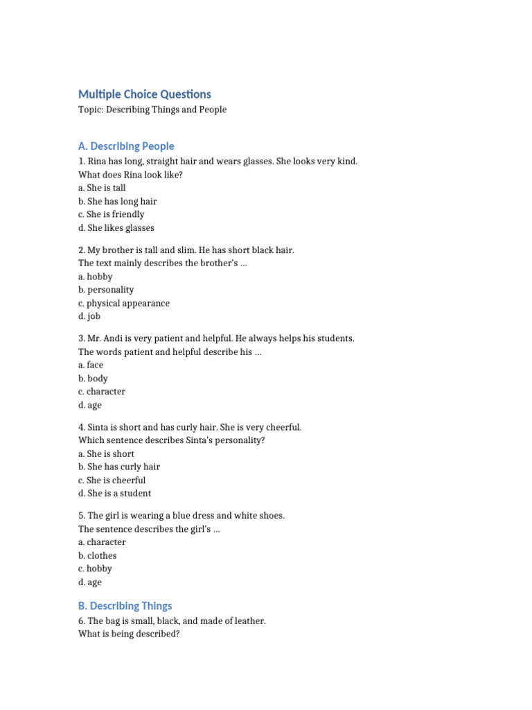Multiple Choice Describing Things and People | PDF