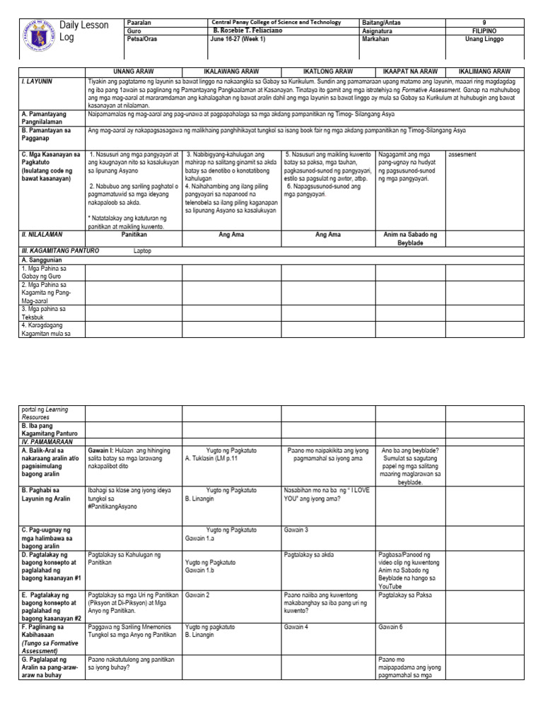 DLL Filipino 9 Week 1 | PDF