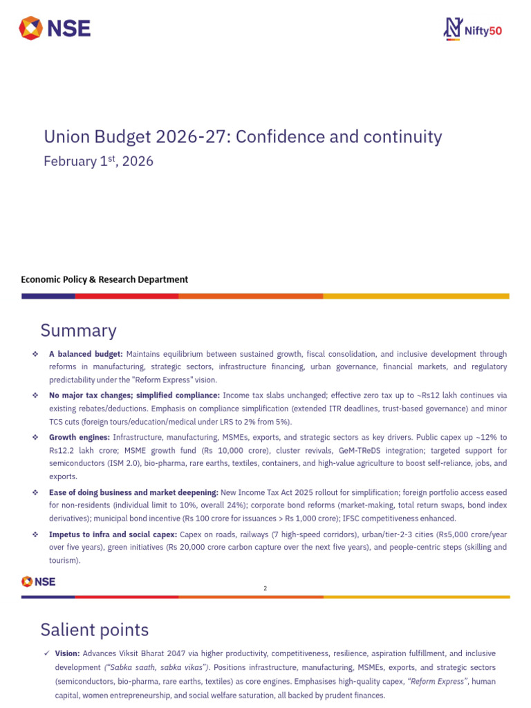 Union Budget 2026-27 - 20260201 | PDF | Government Budget Balance | Taxes