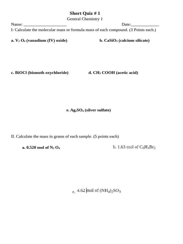 Short Quiz Gen Chem 1 | PDF