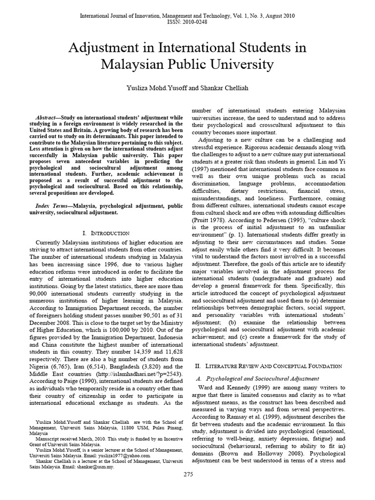 Adjustment in International Students in Malaysian Public University ...