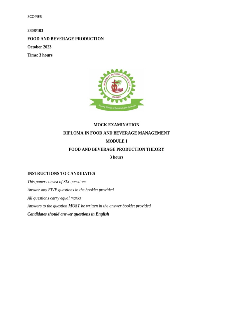Food and Beverage Mock Paper | PDF | Menu | Cooking