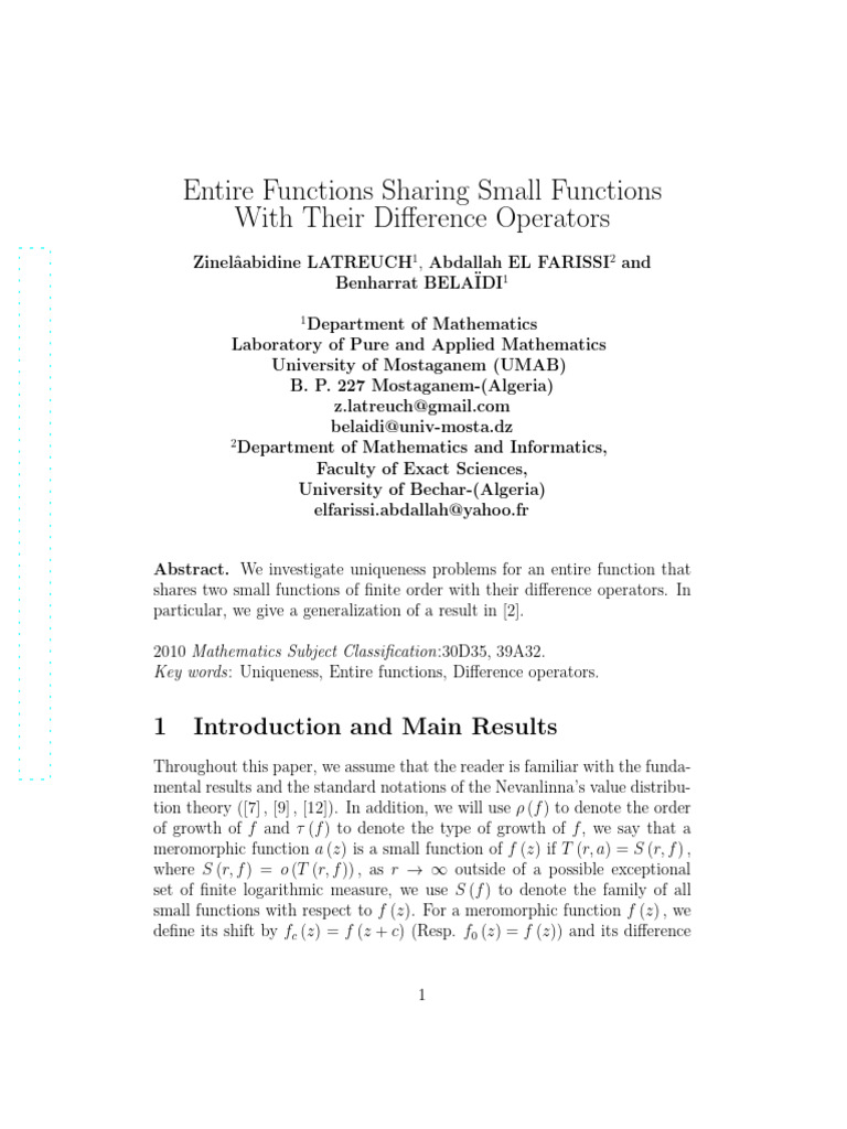 Entire Functions Sharing Small Functions With Their Difference ...