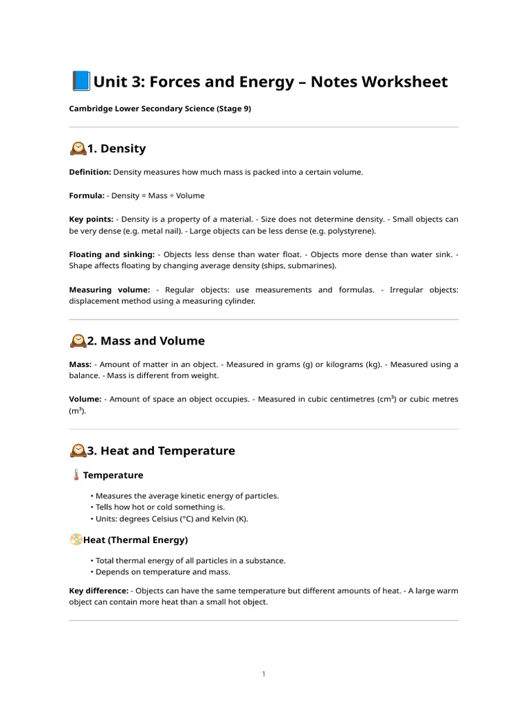 Unit 3_ Forces and Energy – Notes Worksheet | PDF | Density | Heat Transfer
