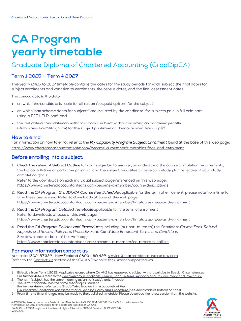 CA Program Timetable Yearly Term 1 2025 - Term 4 2027 | PDF