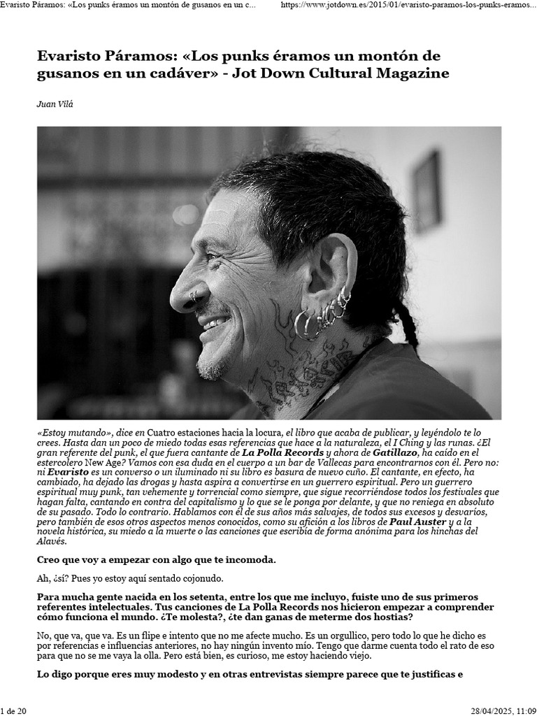 Evaristo Páramos - Los Punks Éramos Un Montón de Gusanos en Un Cadáver ...