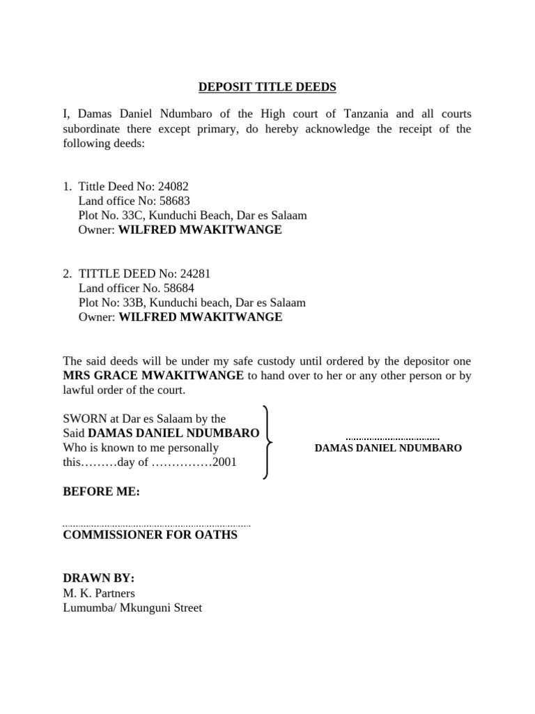 Acknowledgement of Deposition of Title Deeds | PDF